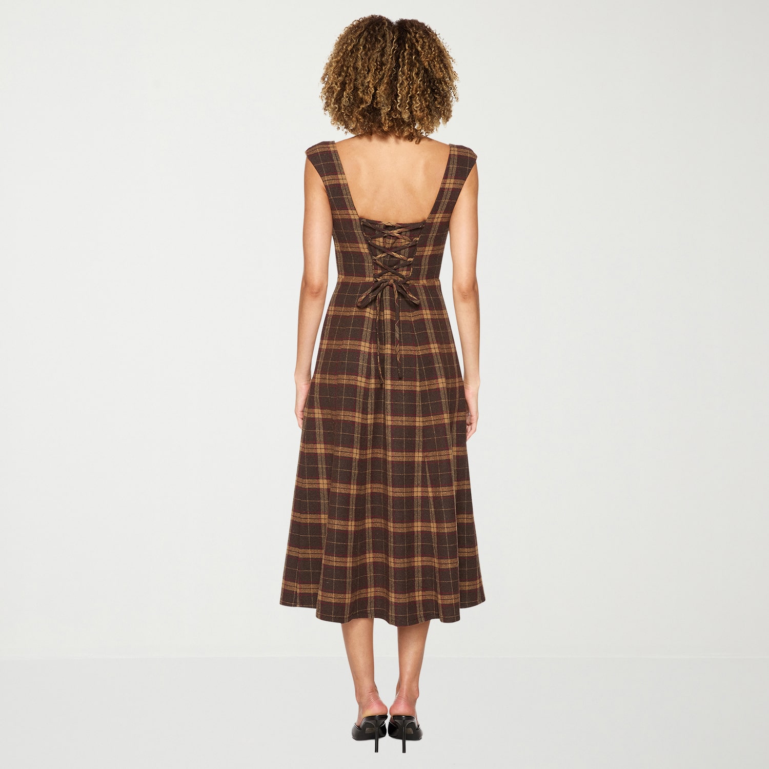 belle vie Womens Midi Square Neck Sleeveless Plaid Fit + Flare Dress