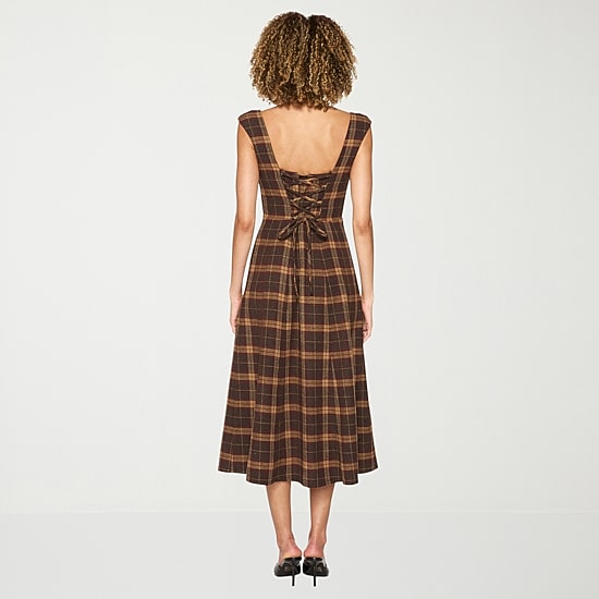 belle vie Womens Midi Square Neck Sleeveless Plaid Fit + Flare Dress