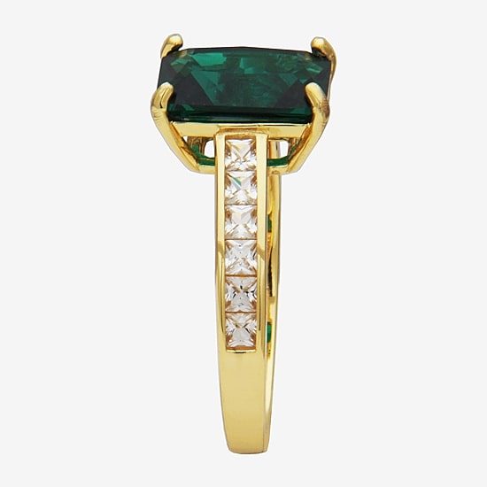 Womens Simulated Green Emerald 18K Gold Over Silver Side Stone Cocktail Ring