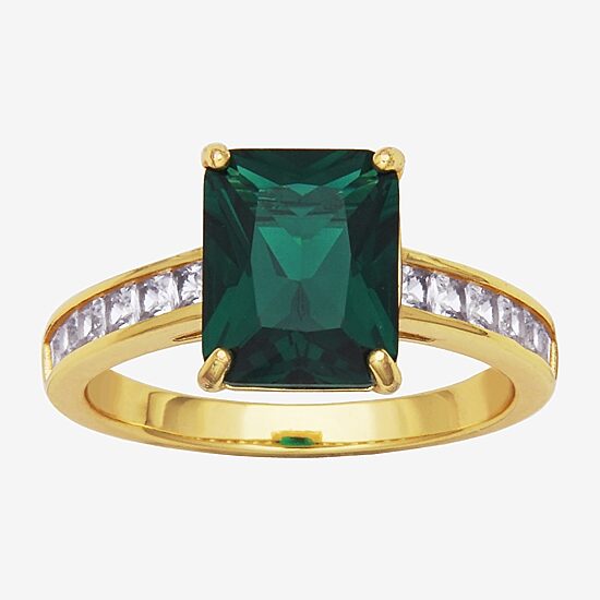 Womens Simulated Green Emerald 18K Gold Over Silver Side Stone Cocktail Ring