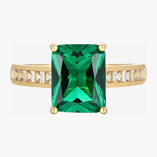 Womens Simulated Green Emerald 18K Gold Over Silver Side Stone Cocktail Ring, 8, Green