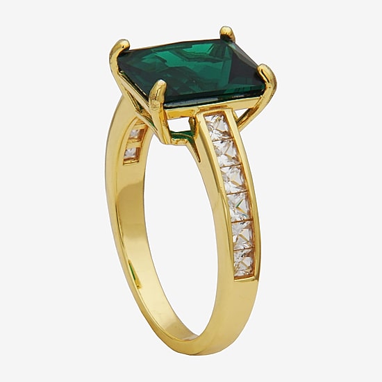 Womens Simulated Green Emerald 18K Gold Over Silver Side Stone Cocktail Ring