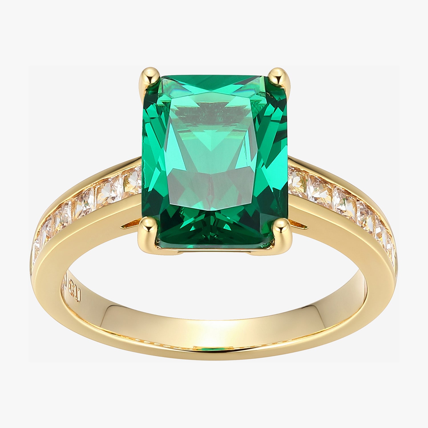 Womens Simulated Green Emerald 18K Gold Over Silver Side Stone Cocktail Ring