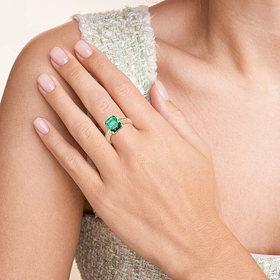 Womens Simulated Green Emerald 18K Gold Over Silver Side Stone Cocktail Ring