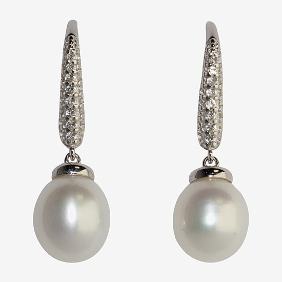 Womens White Cultured Freshwater Pearl Sterling Silver Pear Drop Earrings