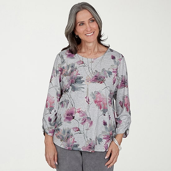 Alfred Dunner Vail Womens Crew Neck 3/4 Sleeve T-Shirt