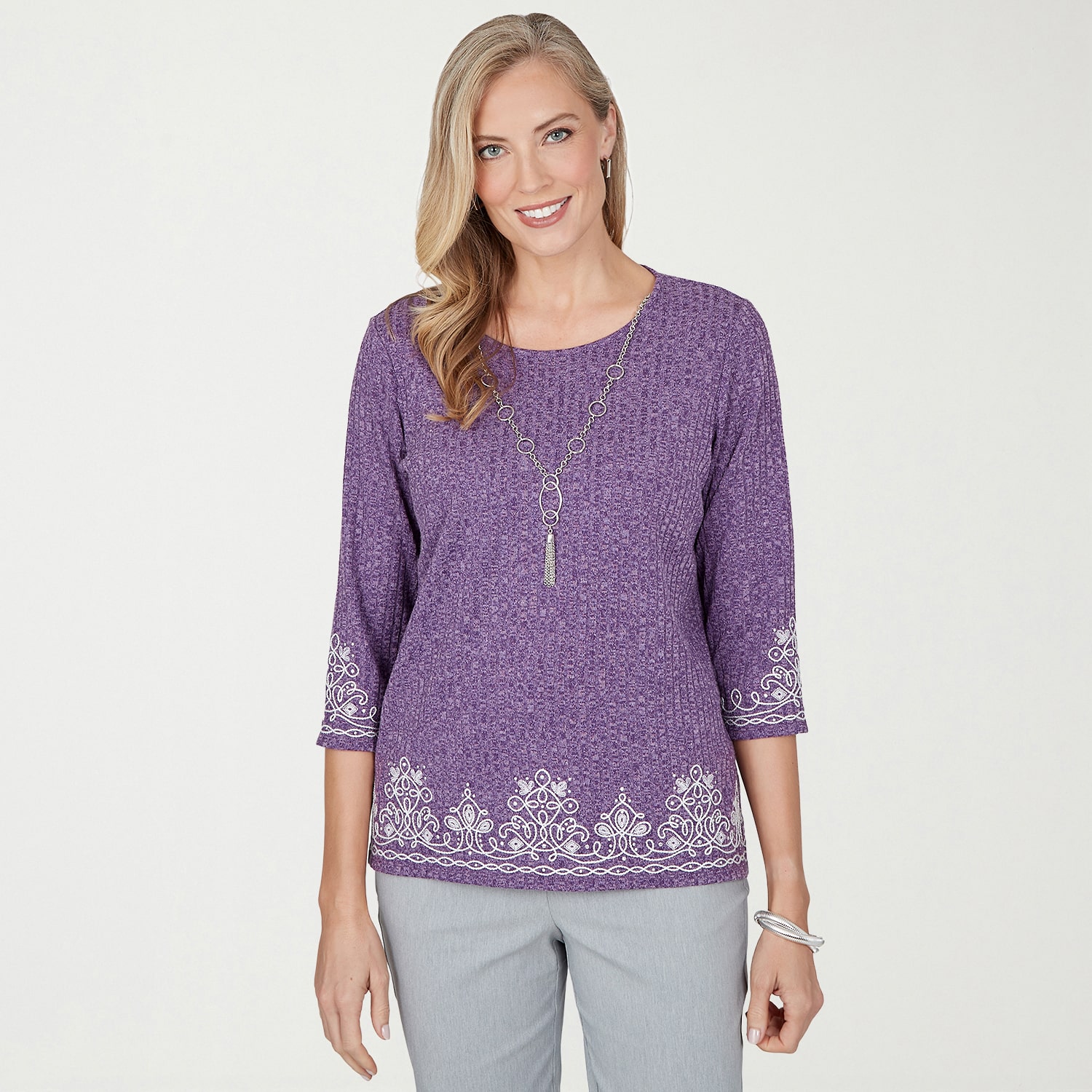 Alfred Dunner Vail Womens Crew Neck 3/4 Sleeve T-Shirt