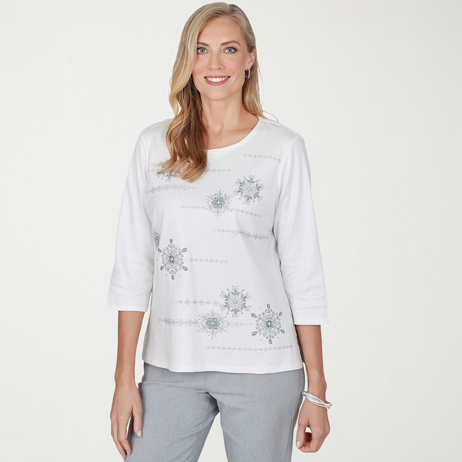Alfred Dunner Vail Vail Womens Crew Neck 3/4 Sleeve T-Shirt