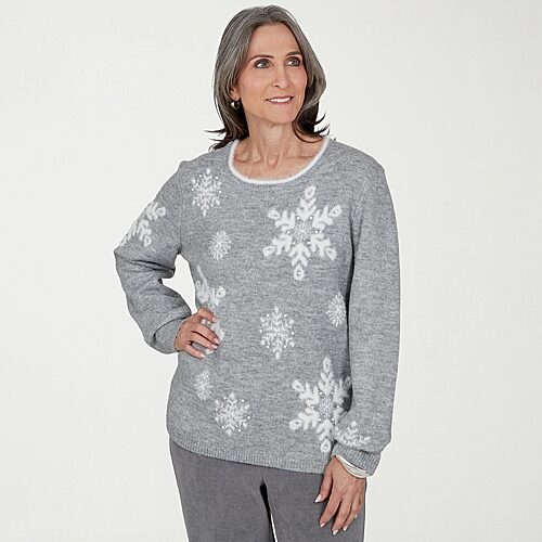 Alfred Dunner Vail Vail Womens U Neck Long Sleeve Pullover Sweater In Gray