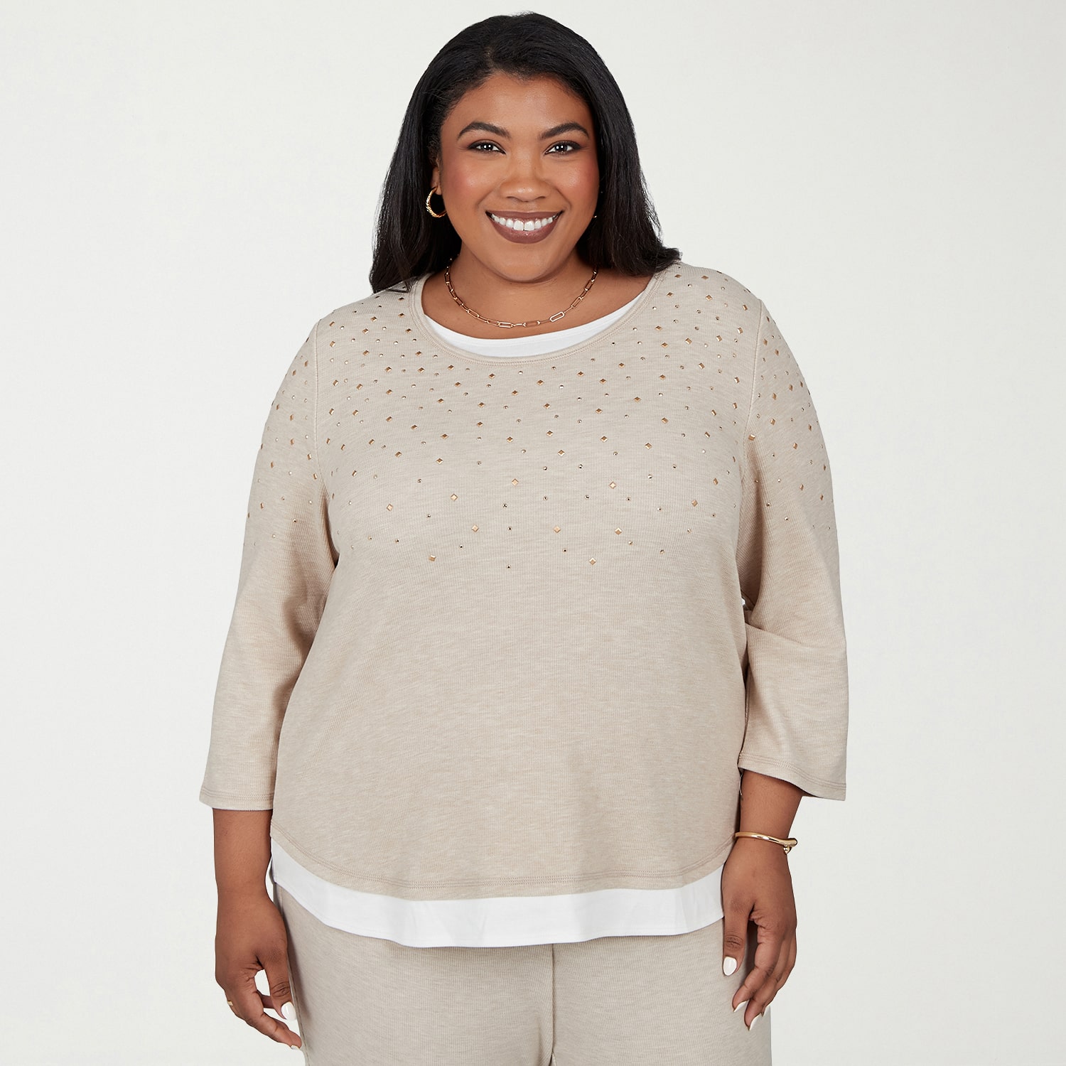 Alfred Dunner Luxe Be A Lady Womens Plus Crew Neck 3/4 Sleeve Layered Top