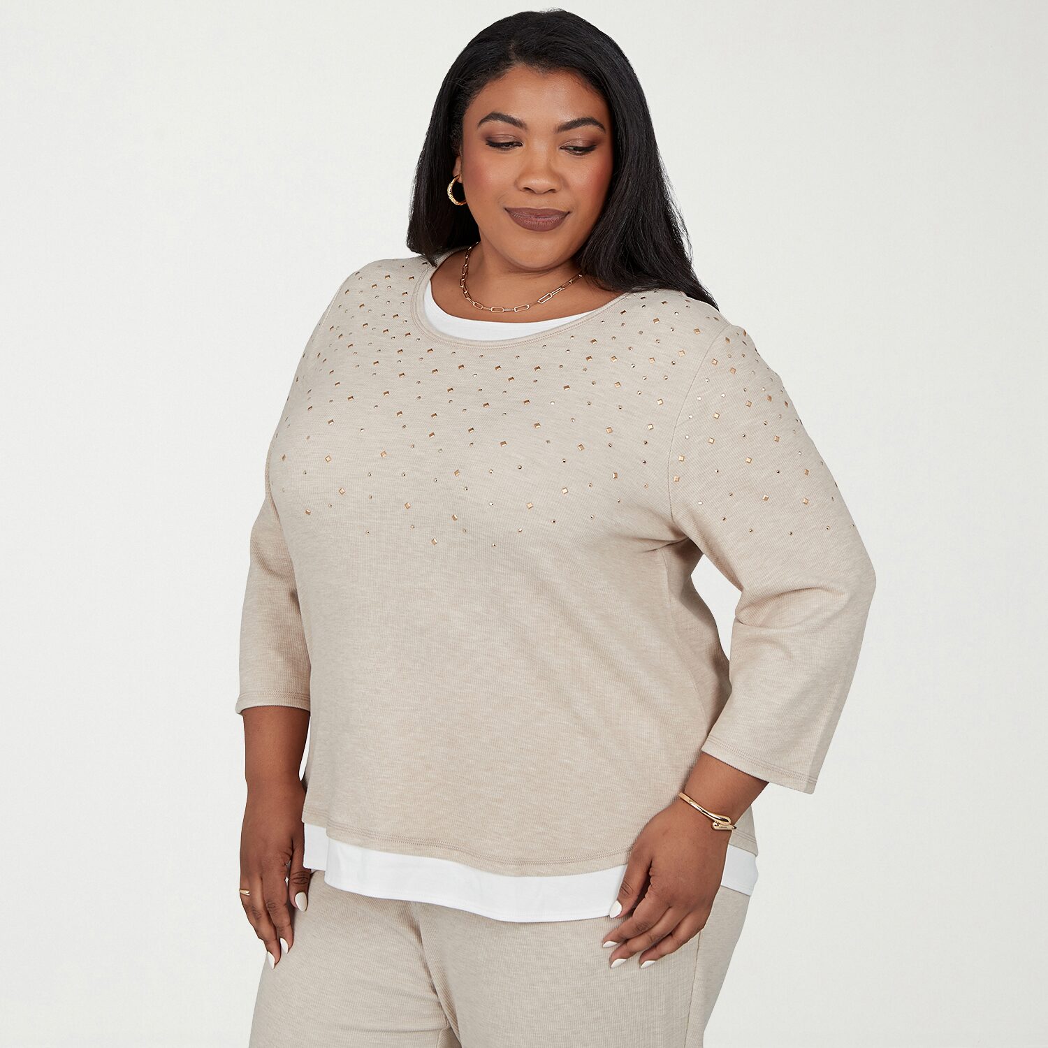 Alfred Dunner Luxe Be A Lady Womens Plus Crew Neck 3/4 Sleeve Layered Top