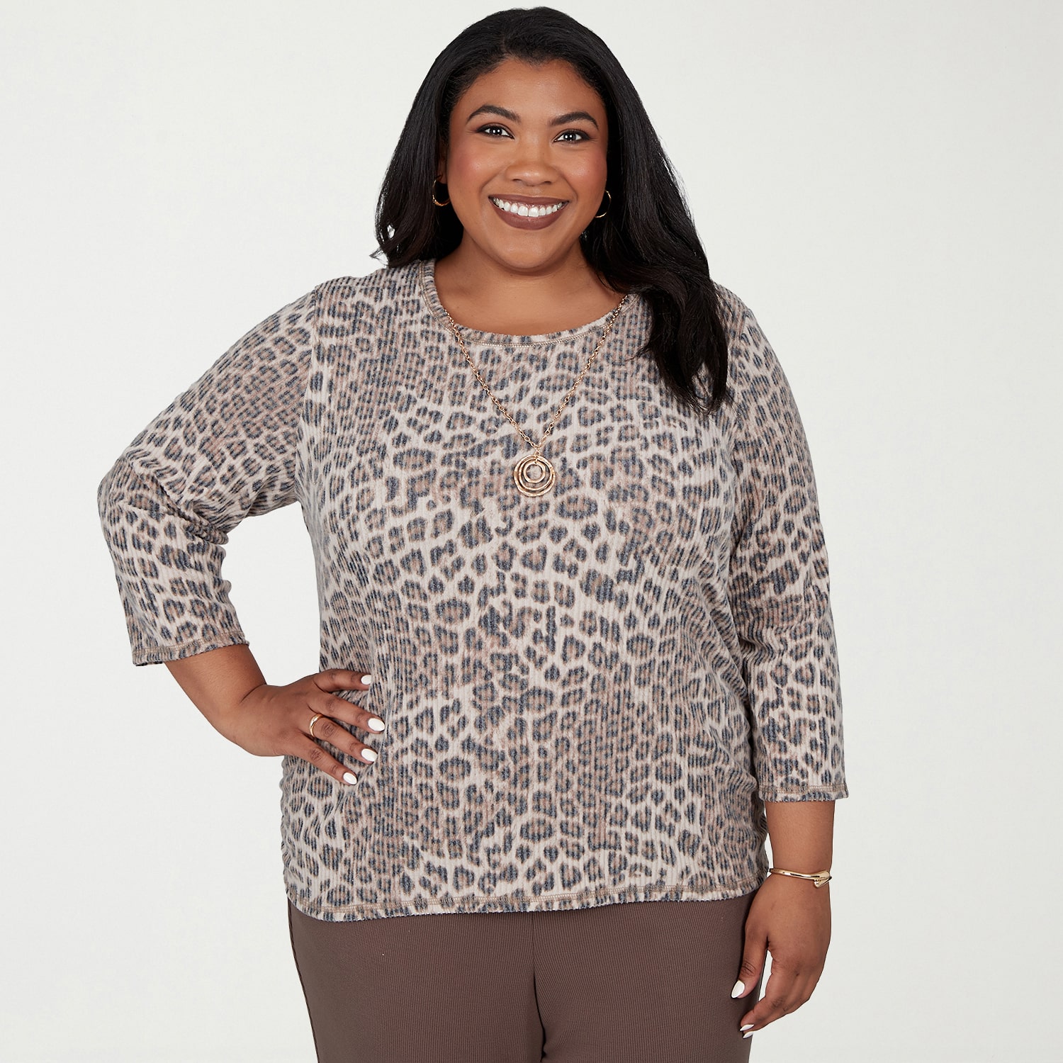 Alfred Dunner Luxe Be A Lady Womens Plus Crew Neck 3/4 Sleeve T-Shirt