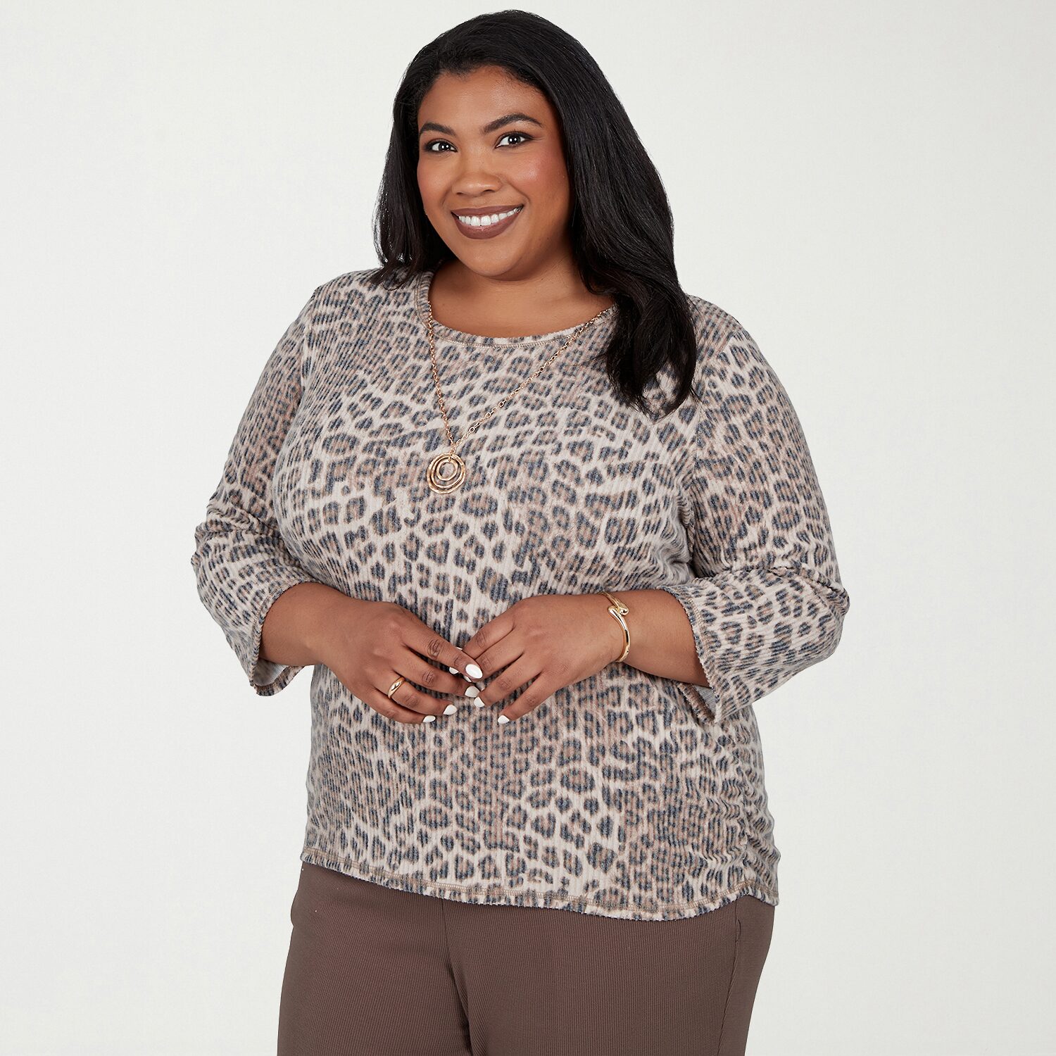 Alfred Dunner Luxe Be A Lady Womens Plus Crew Neck 3/4 Sleeve T-Shirt