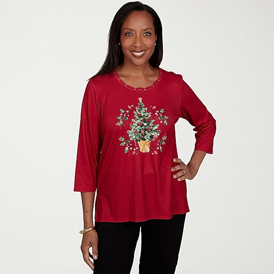 Alfred Dunner Womens Crew Neck 3/4 Sleeve T-Shirt