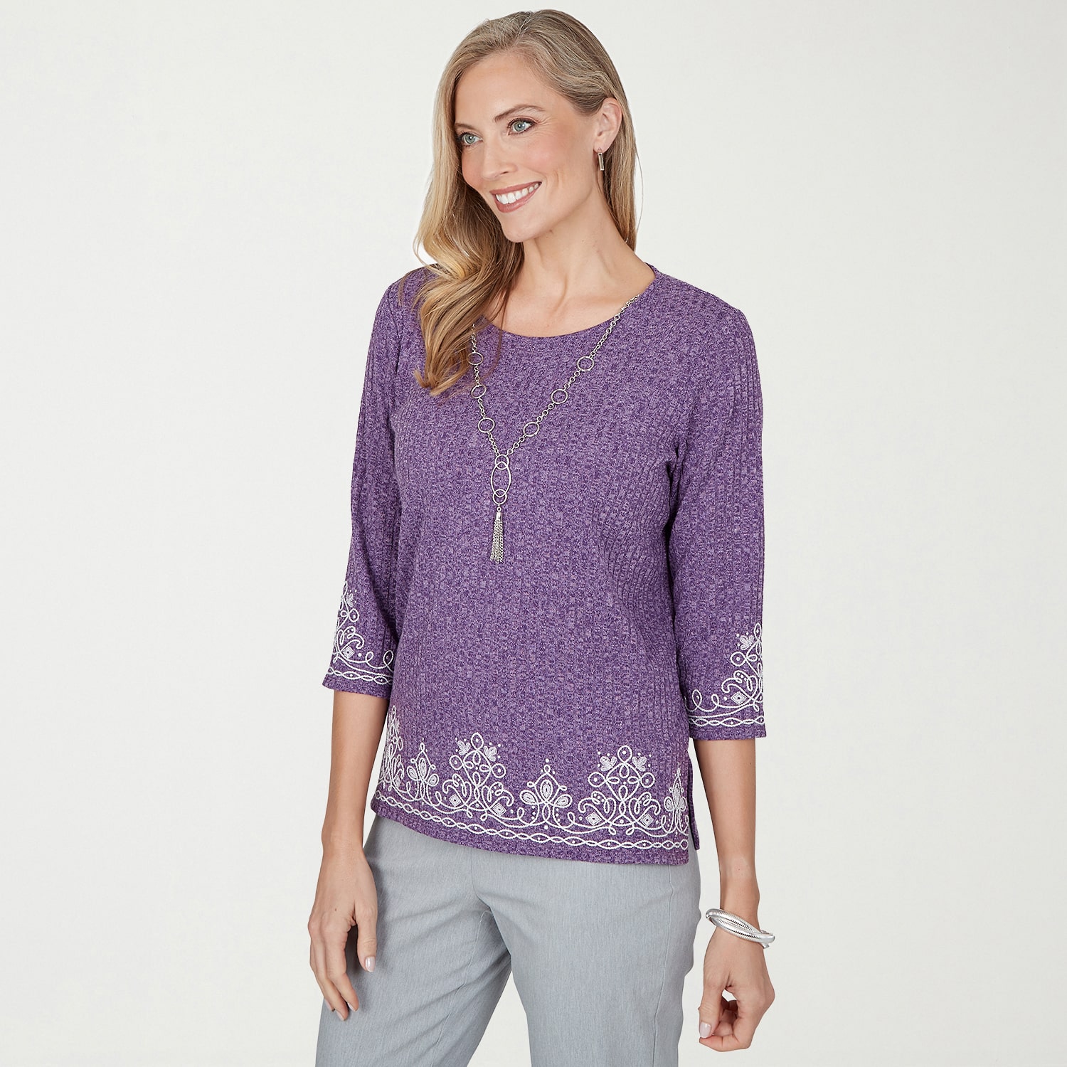 Alfred Dunner Vail Womens Crew Neck 3/4 Sleeve T-Shirt