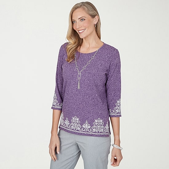 Alfred Dunner Vail Womens Crew Neck 3/4 Sleeve T-Shirt