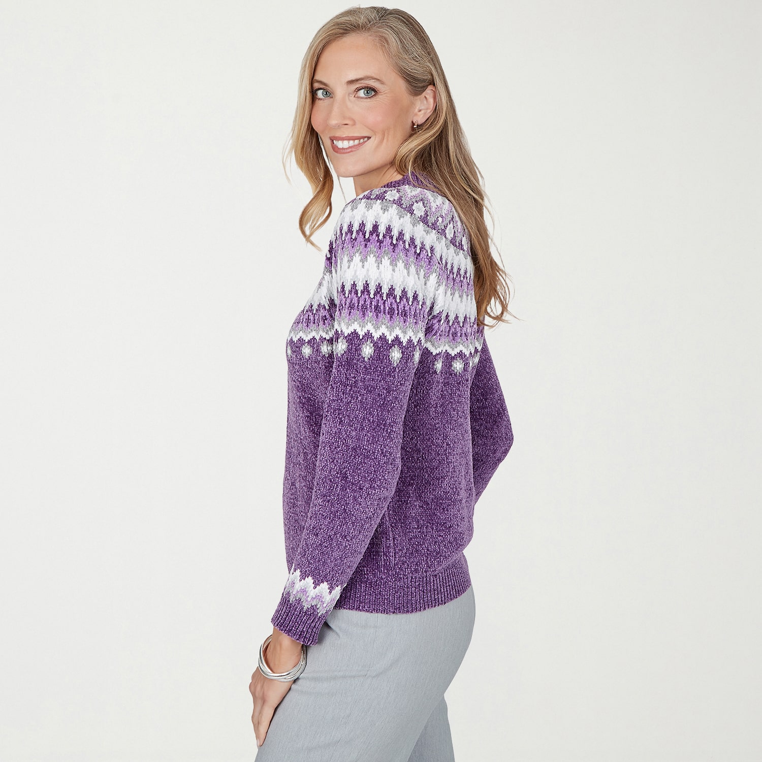 Alfred Dunner Vail Womens Mock Neck Long Sleeve Fairisle Chenille Sweater
