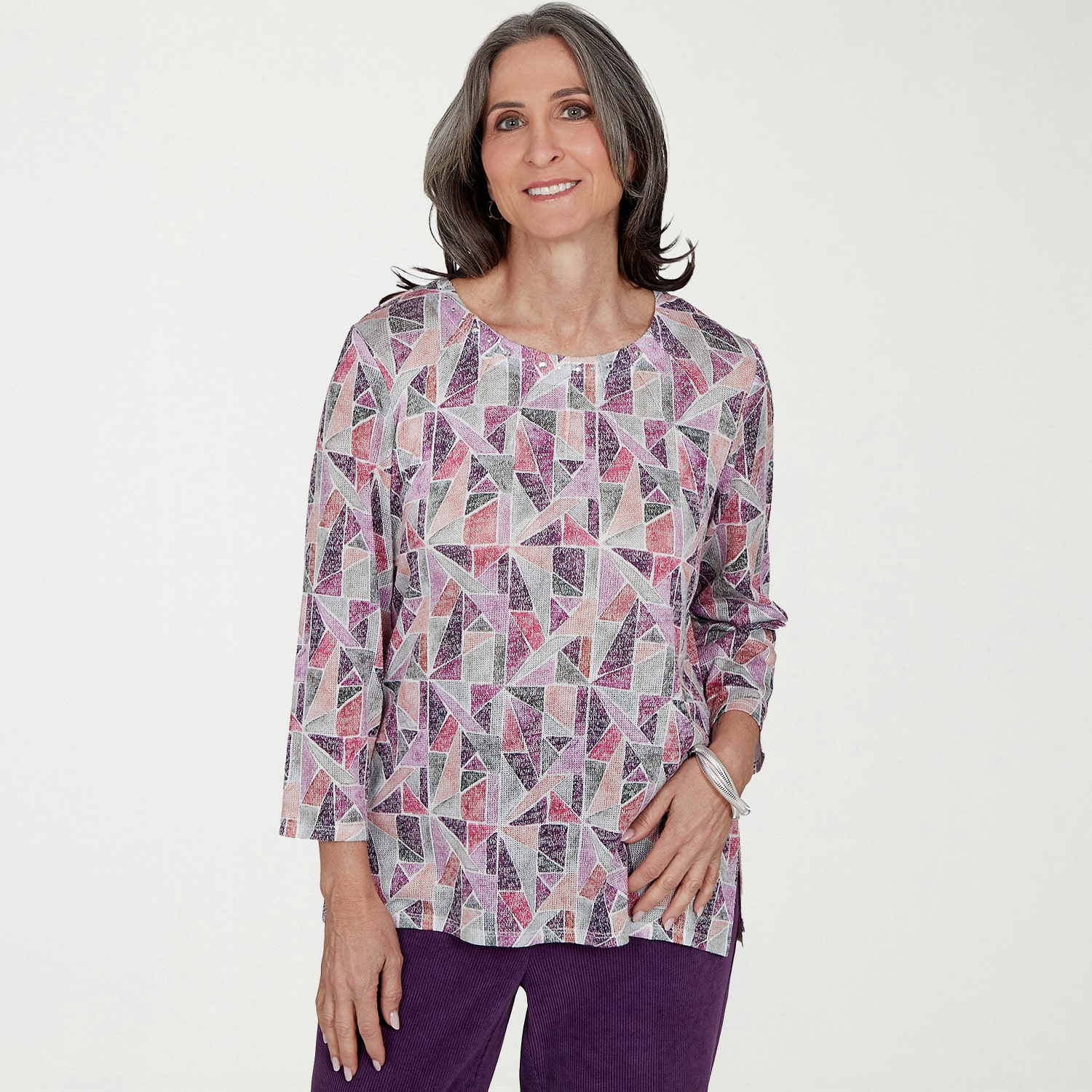 Alfred Dunner Vail Vail Womens Crew Neck 3/4 Sleeve T-Shirt