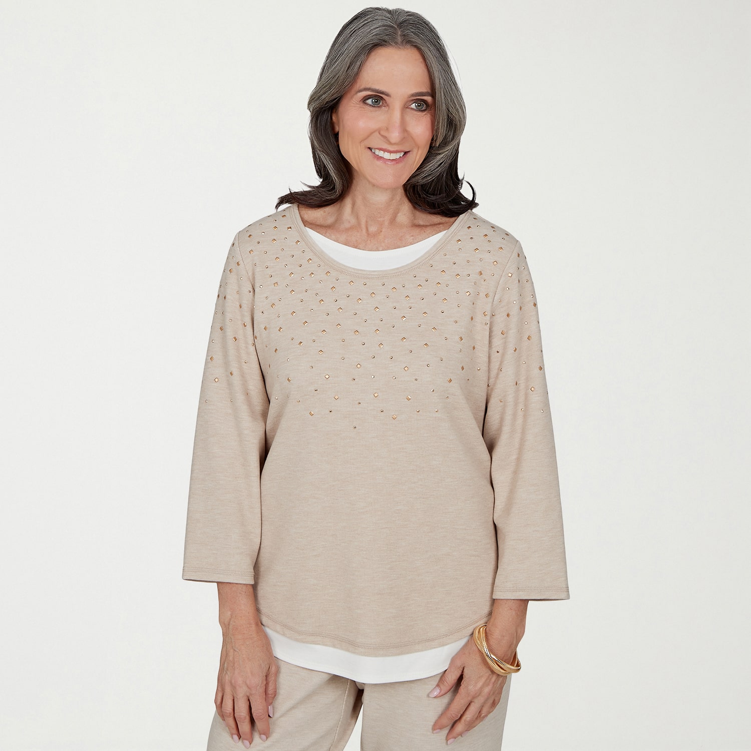 Alfred Dunner Luxe Be A Lady Womens Crew Neck 3/4 Sleeve Layered Top