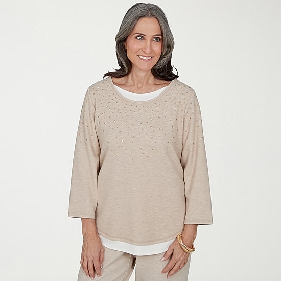 Alfred Dunner Luxe Be A Lady Womens Crew Neck 3/4 Sleeve Layered Top
