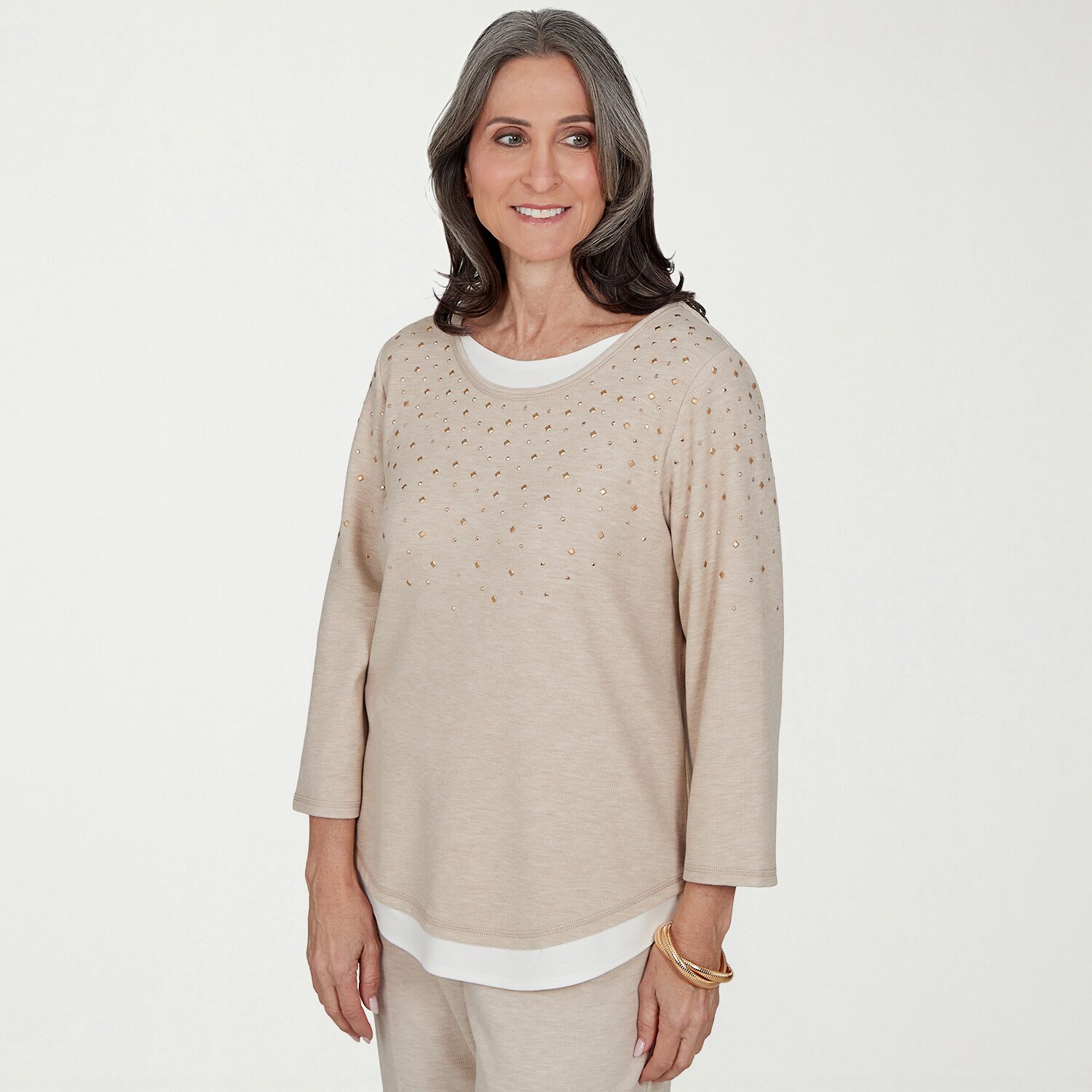 Alfred Dunner Luxe Be A Lady Womens Crew Neck 3/4 Sleeve Layered Top