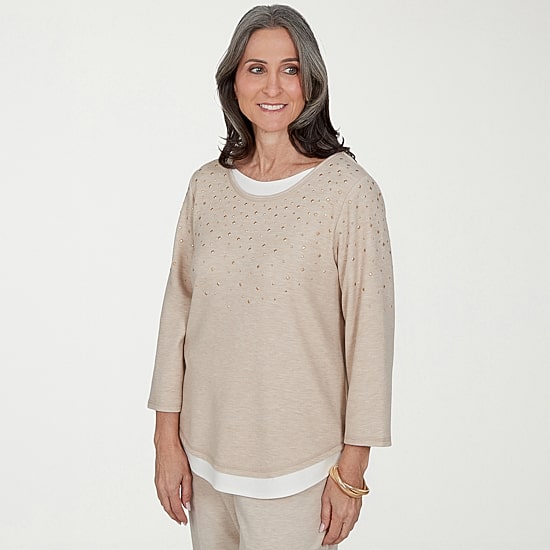 Alfred Dunner Luxe Be A Lady Womens Crew Neck 3/4 Sleeve Layered Top