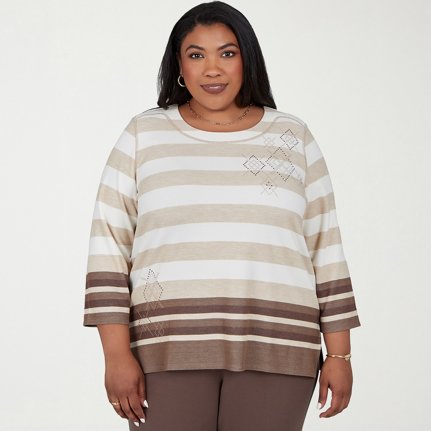 Alfred Dunner Luxe Be A Lady Womens Plus Crew Neck 3/4 Sleeve T-Shirt