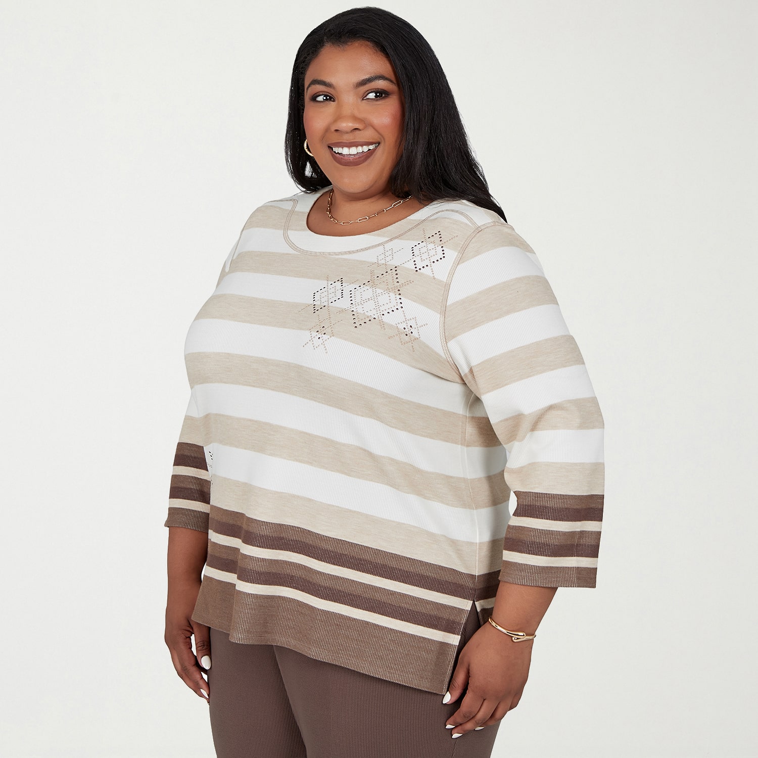 Alfred Dunner Luxe Be A Lady Womens Plus Crew Neck 3/4 Sleeve T-Shirt