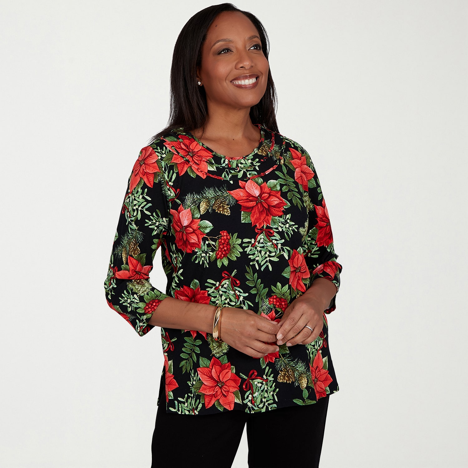 Alfred Dunner Womens Crew Neck 3/4 Sleeve T-Shirt