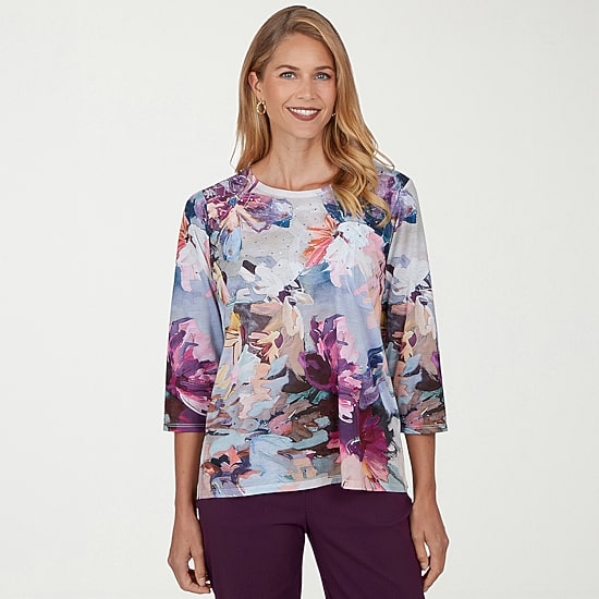 Alfred Dunner Vail Womens Crew Neck 3/4 Sleeve T-Shirt