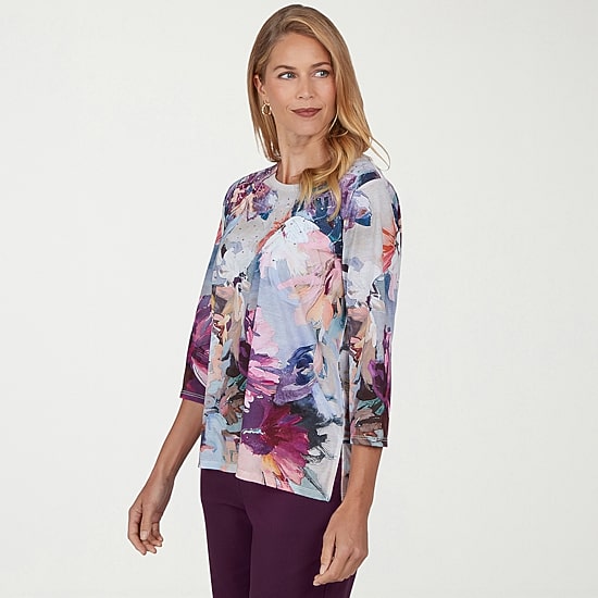 Alfred Dunner Vail Womens Crew Neck 3/4 Sleeve T-Shirt