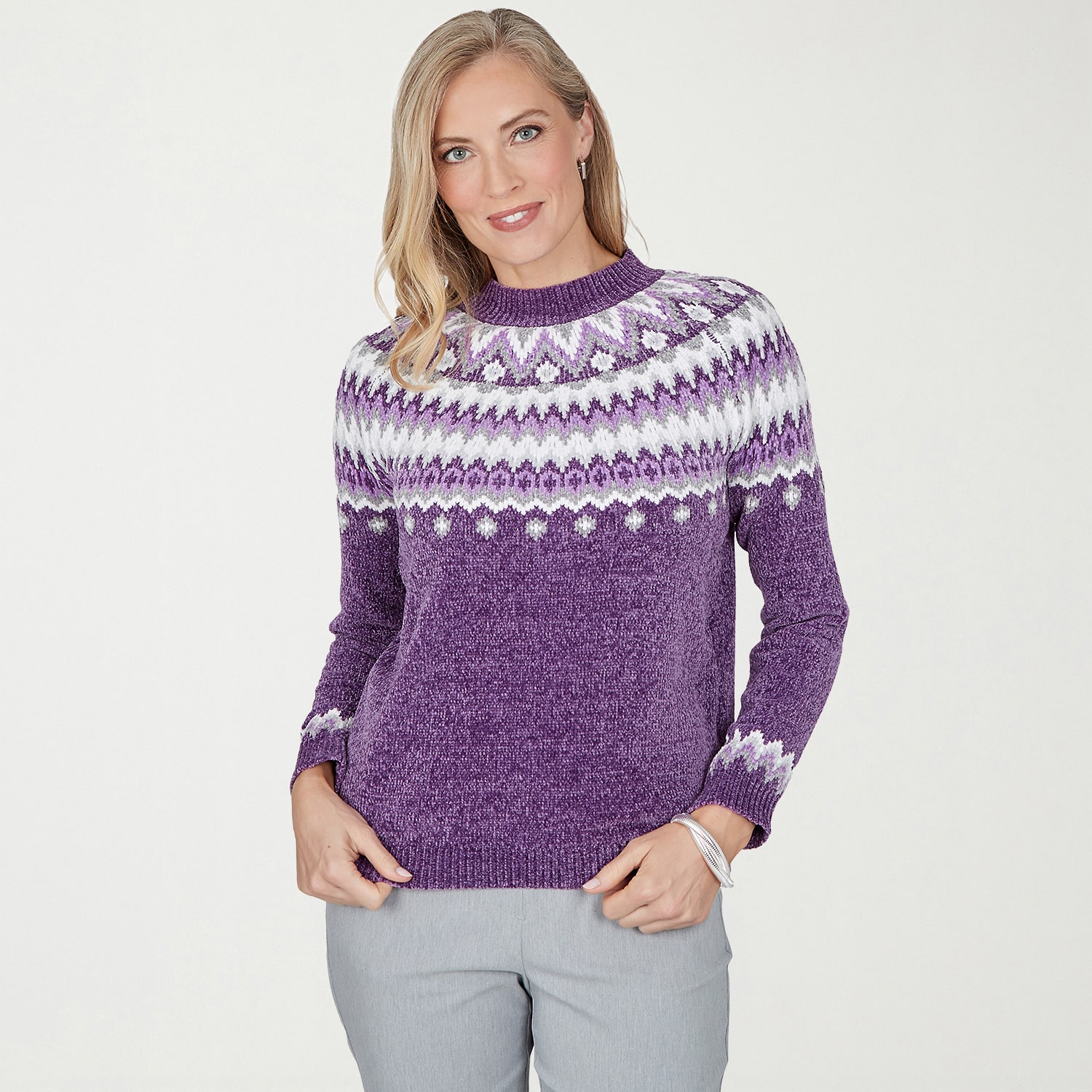 Alfred Dunner Vail Womens Mock Neck Long Sleeve Fairisle Chenille Sweater