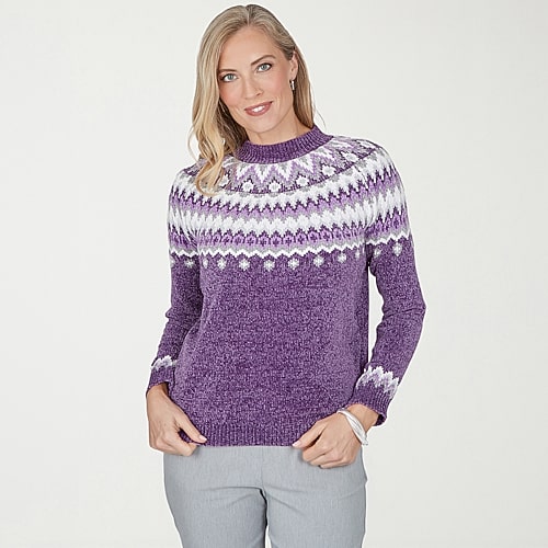 Alfred Dunner Vail Womens Mock Neck Long Sleeve Fairisle Chenille Sweater In Purple