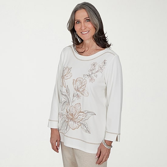 Alfred Dunner Luxe Be A Lady Womens Boat Neck 3/4 Sleeve T-Shirt