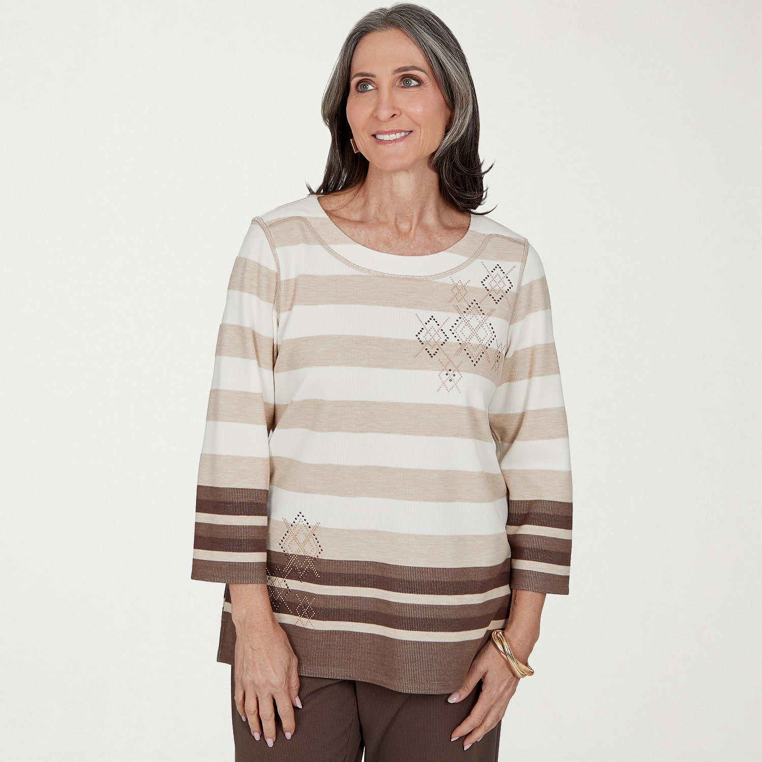 Alfred Dunner Womens Crew Neck 3/4 Sleeve T-Shirt