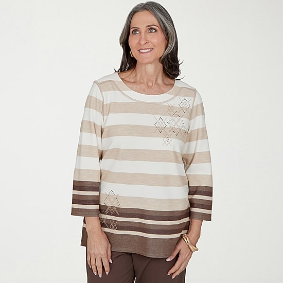Alfred Dunner Luxe Be A Lady Womens Crew Neck 3/4 Sleeve T-Shirt