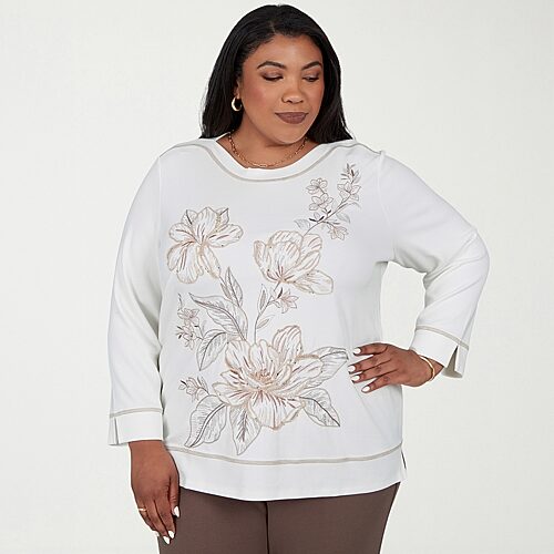 Alfred Dunner Luxe Be A Lady Womens Plus Boat Neck 3/4 Sleeve T-Shirt, 3x, White