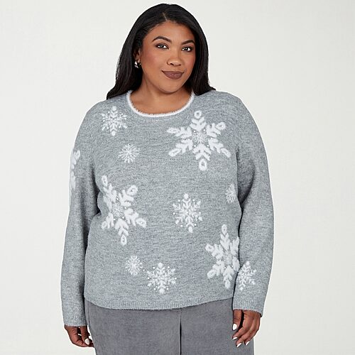 Alfred Dunner Vail Plus Vail Womens Crew Neck Long Sleeve Pullover Sweater In Gray