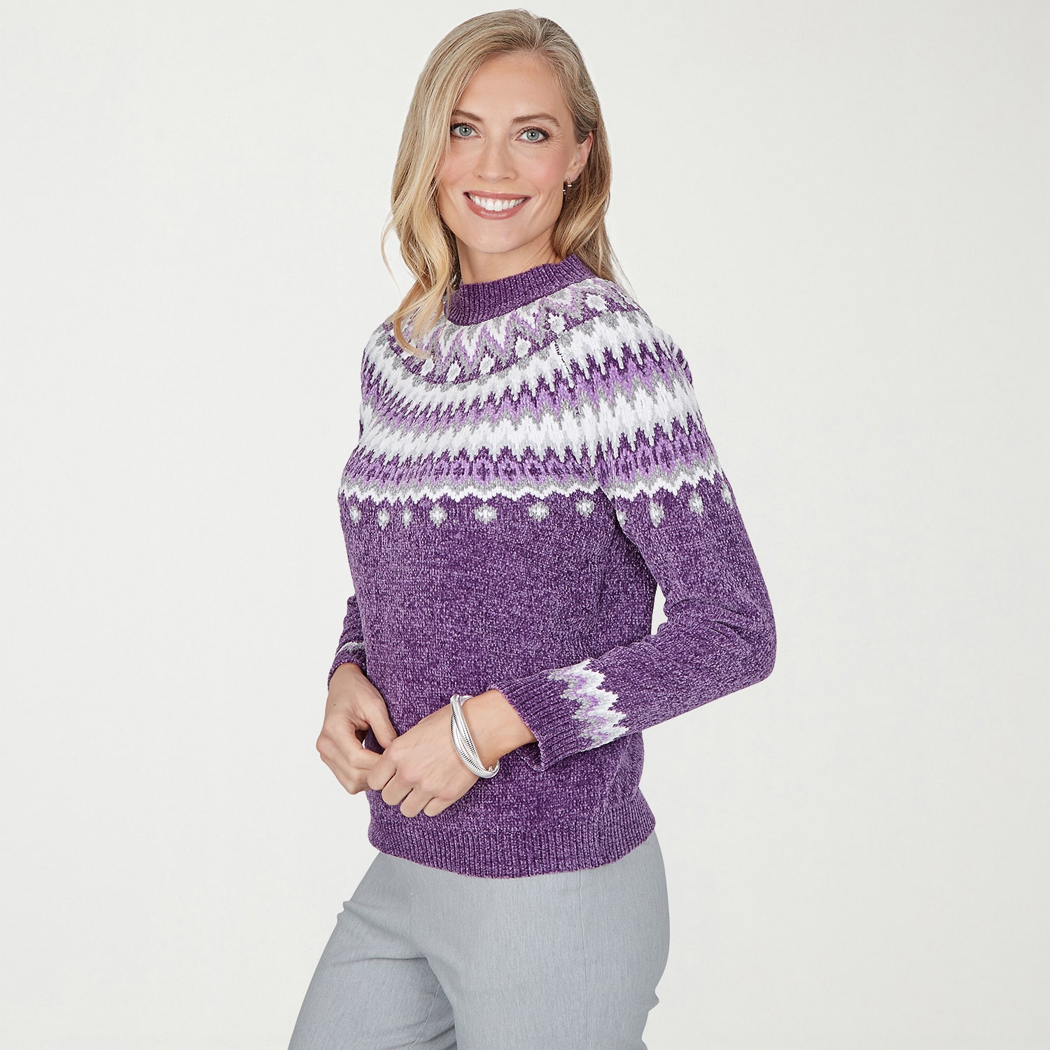 Alfred Dunner Vail Womens Mock Neck Long Sleeve Fairisle Chenille Sweater