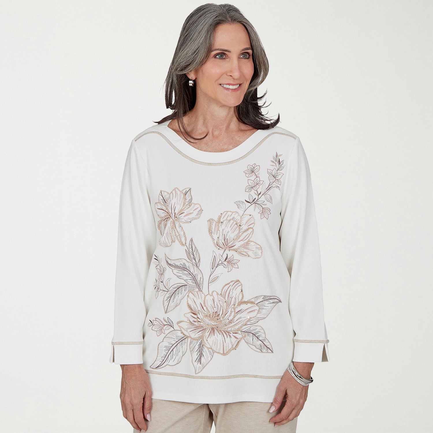 Alfred Dunner Luxe Be A Lady Womens Boat Neck 3/4 Sleeve T-Shirt