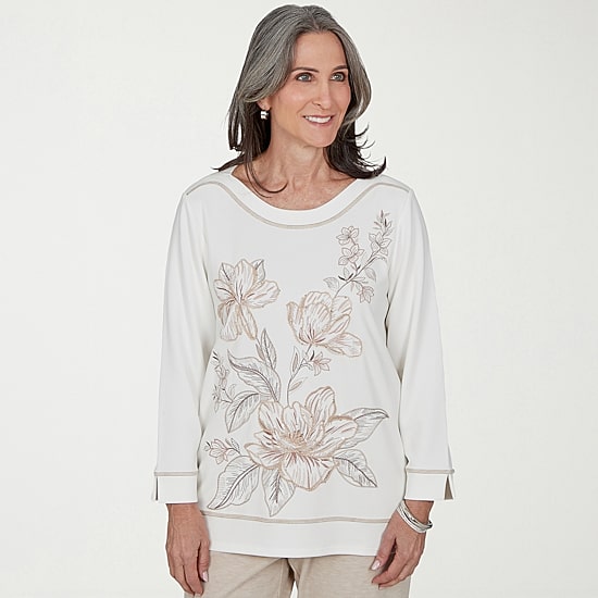Alfred Dunner Luxe Be A Lady Womens Boat Neck 3/4 Sleeve T-Shirt