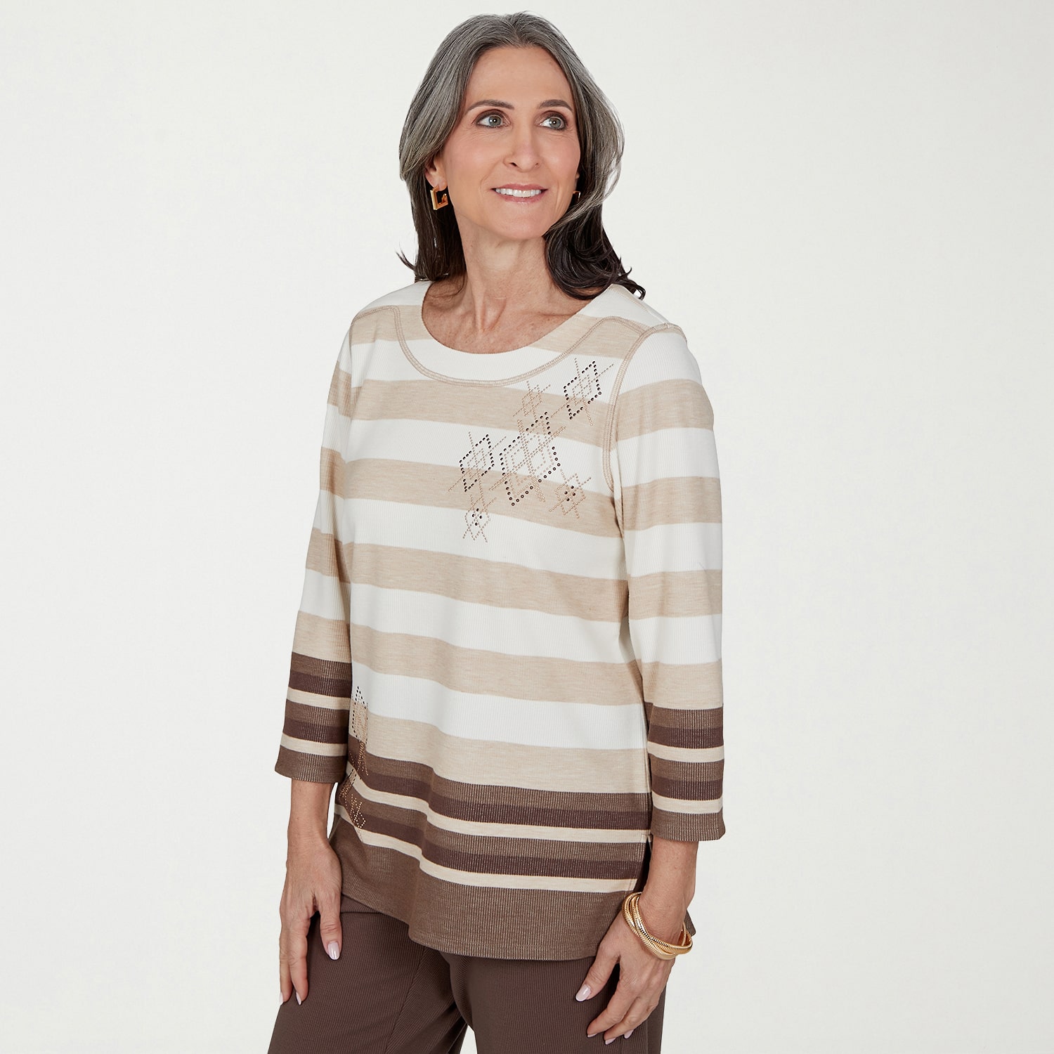Alfred Dunner Womens Crew Neck 3/4 Sleeve T-Shirt