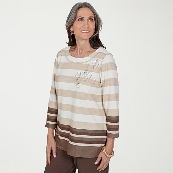 Alfred Dunner Luxe Be A Lady Womens Crew Neck 3/4 Sleeve T-Shirt