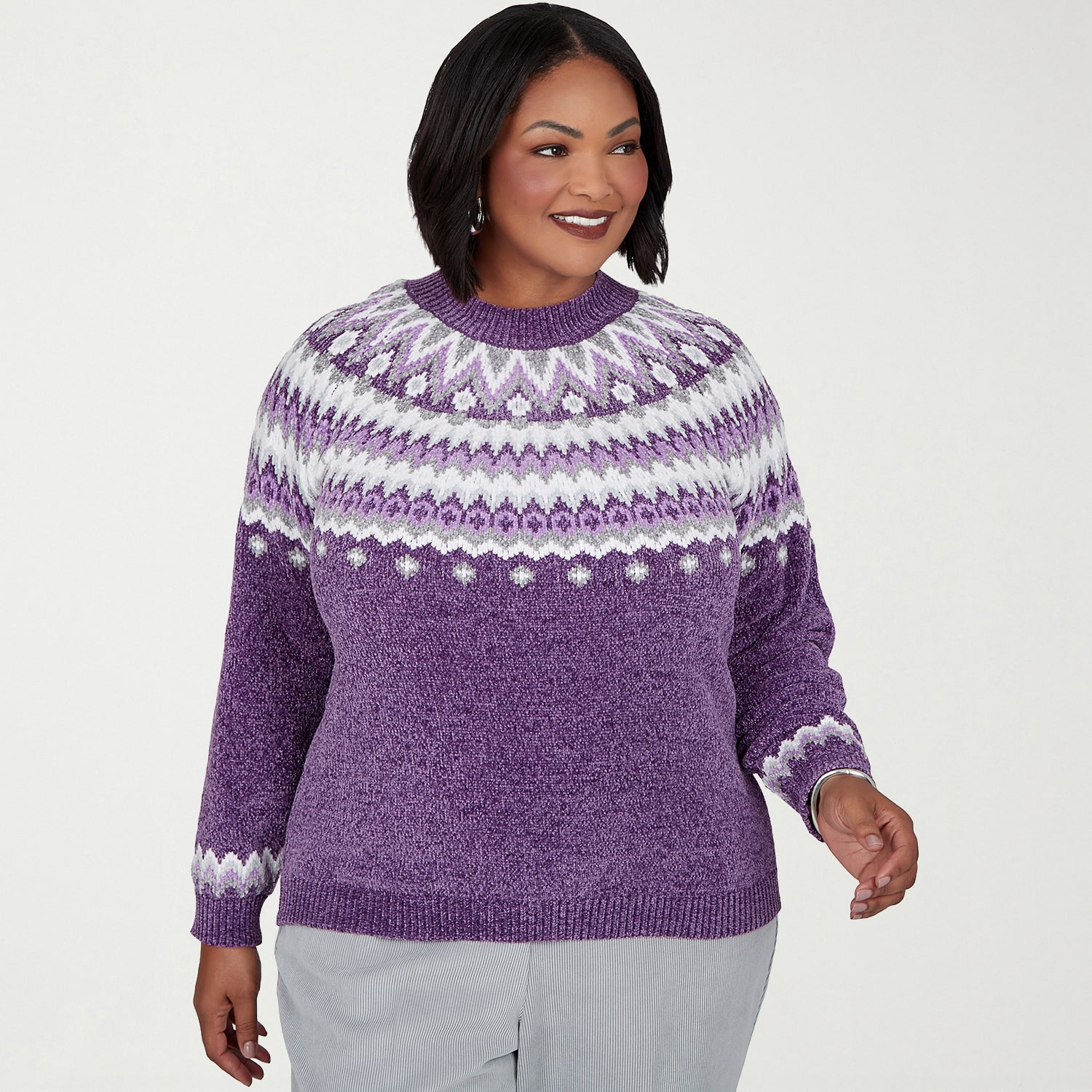 Alfred Dunner Vail Plus Womens Mock Neck Long Sleeve Geometric Pullover Sweater