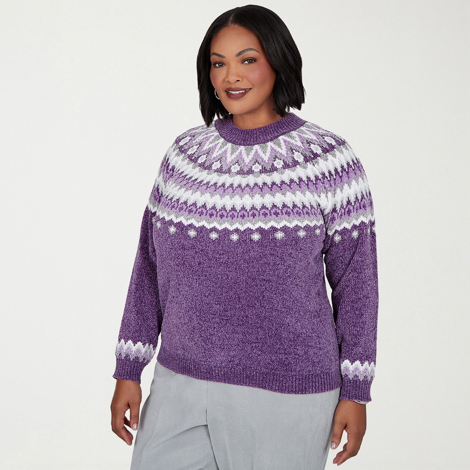 Alfred Dunner Vail Plus Womens Mock Neck Long Sleeve Geometric Pullover Sweater