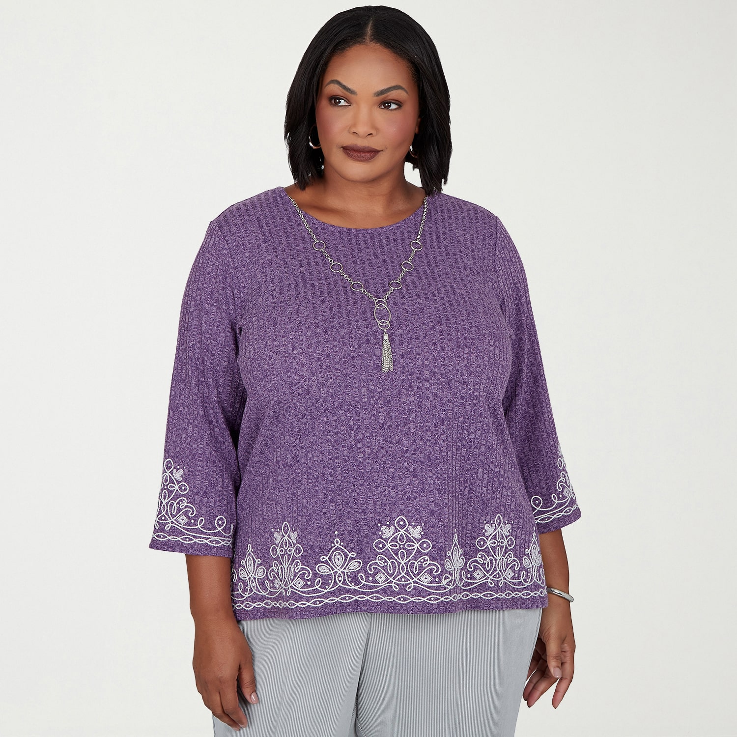Alfred Dunner Vail Womens Plus Crew Neck 3/4 Sleeve T-Shirt