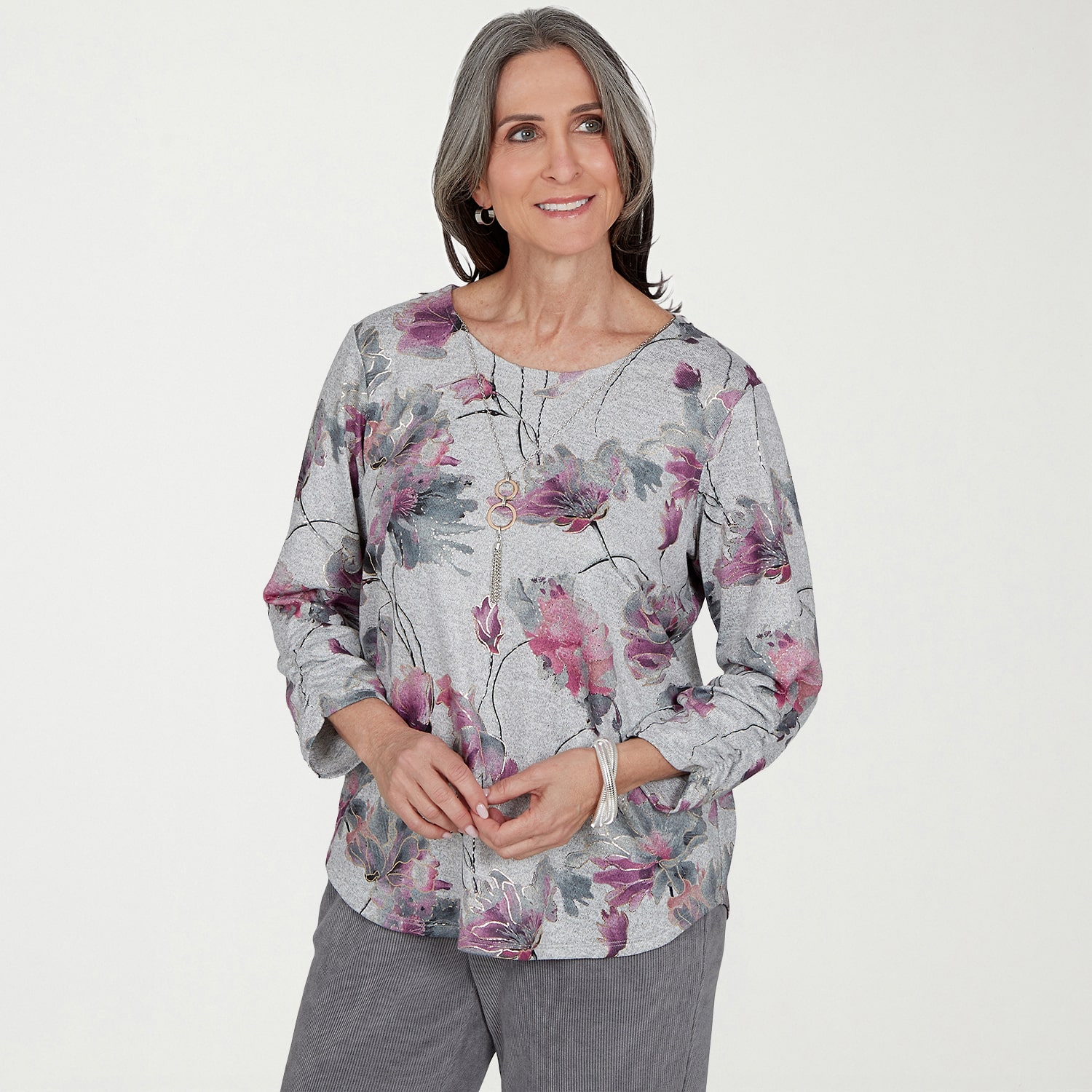 Alfred Dunner Vail Vail Womens Crew Neck 3/4 Sleeve T-Shirt