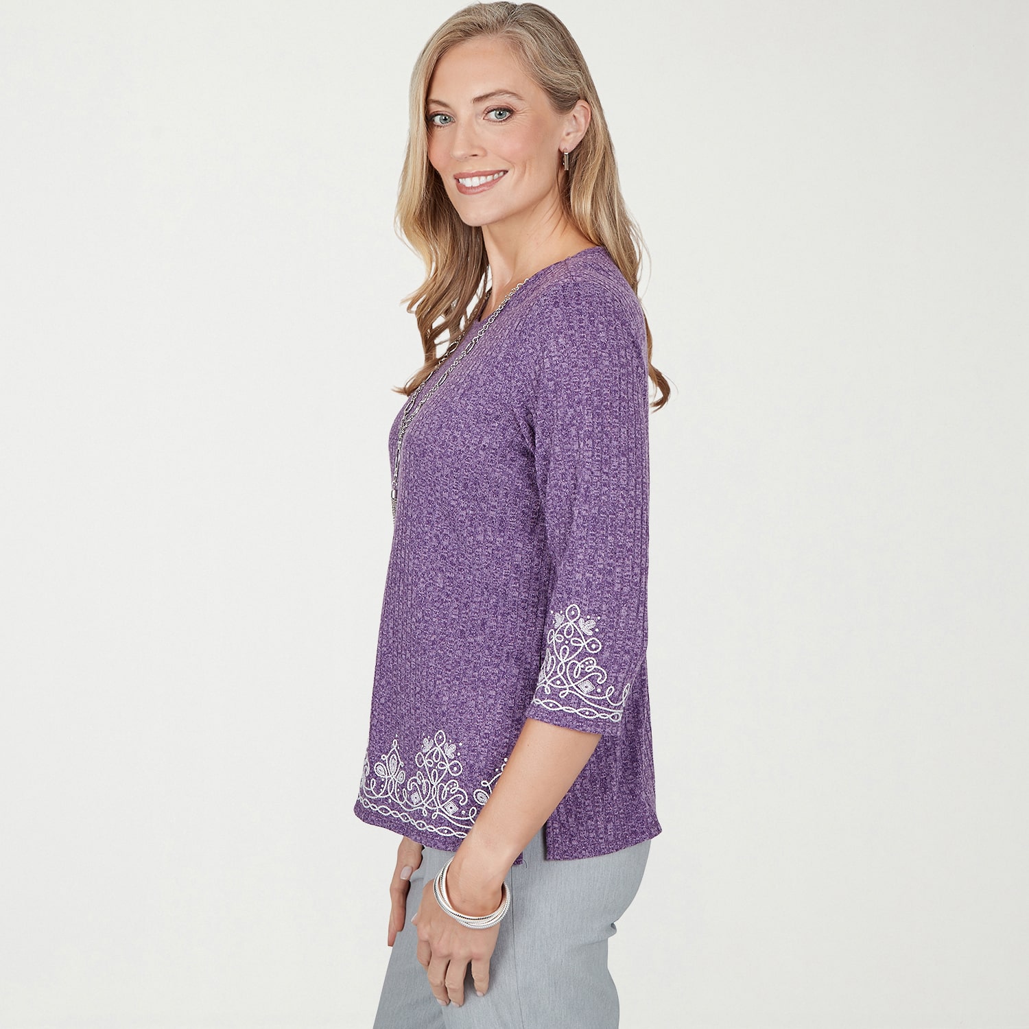 Alfred Dunner Vail Womens Crew Neck 3/4 Sleeve T-Shirt