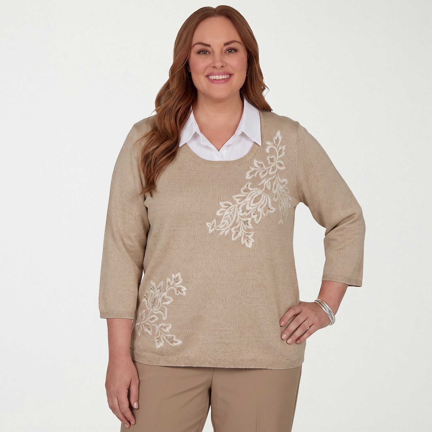 Alfred Dunner Union Square Womens 3/4 Sleeve Layered Sweater Plus