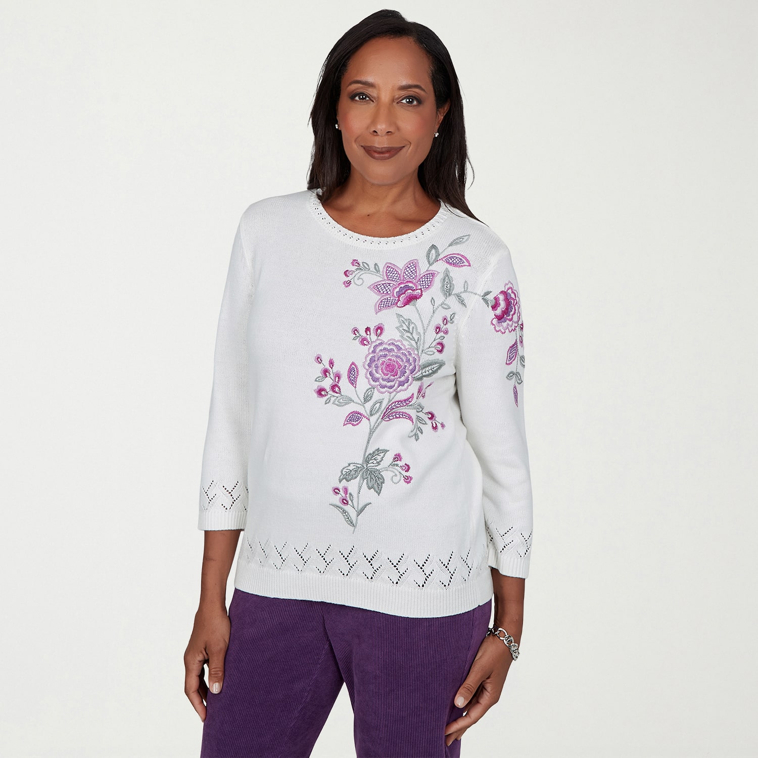 Alfred Dunner Vail Womens Crew Neck Long Sleeve Floral Pullover Sweater